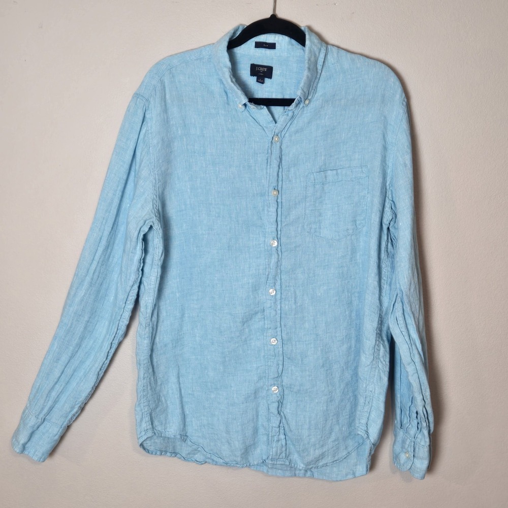 J Crew Slim Men's Blue Long Sleeve Linen Button Down Sz Large Lightweight